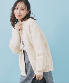 index / インデックス カーディガン・ボレロ | フェザー幾何ジャカードクルーミドルカーディガン【洗濯機OK】