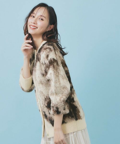 index / インデックス カーディガン・ボレロ | フェザー幾何ジャカードクルーミドルカーディガン【洗濯機OK】 | 詳細1