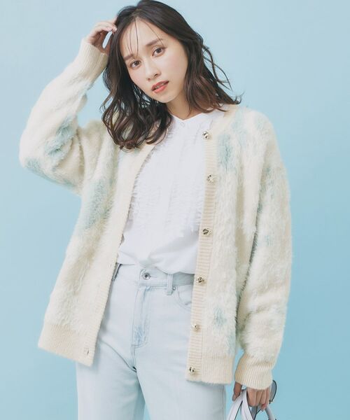 index / インデックス カーディガン・ボレロ | フェザー幾何ジャカードクルーミドルカーディガン【洗濯機OK】 | 詳細9