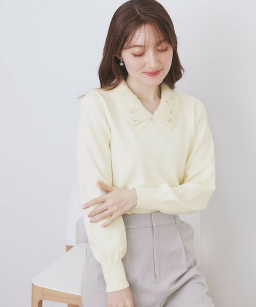 index / インデックス ニット・セーター | ダブルビジューフェザー衿付きニット【洗濯機OK】(オフホワイト(003))