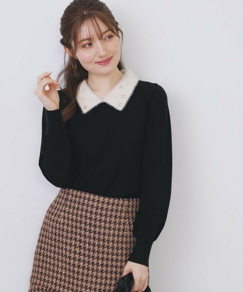 index / インデックス ニット・セーター | ダブルビジューフェザー衿付きニット【洗濯機OK】(ブラック(019))