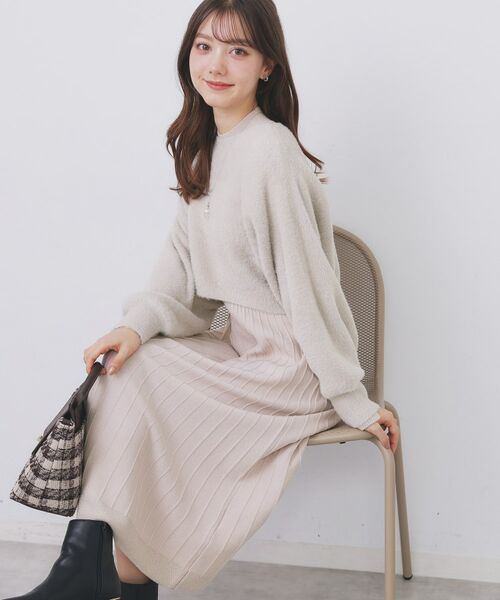 index / インデックス セットアップ | ラメフェザープルオーバーセット ニットワンピース【洗濯機OK】《XS~LL》(グレージュ(050))