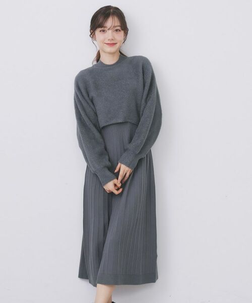 index / インデックス セットアップ | ラメフェザープルオーバーセット ニットワンピース【洗濯機OK】《XS~LL》(チャコールグレー(814))