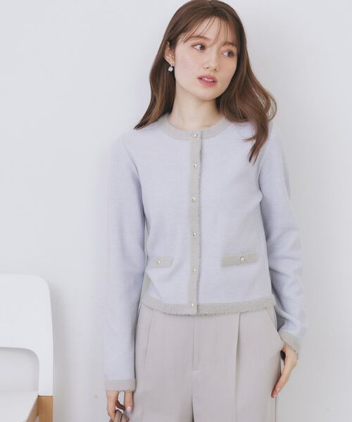 index / インデックス カーディガン・ボレロ | フェザーバイカラークルーネックカーディガン【洗濯機OK】(サックスブルー(590))