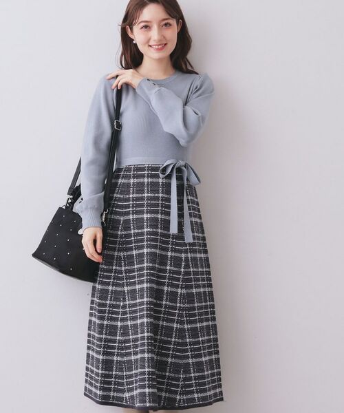 index / インデックス ロング・マキシ丈ワンピース | チェックラメジャカードニットワンピース(ブルー(591))