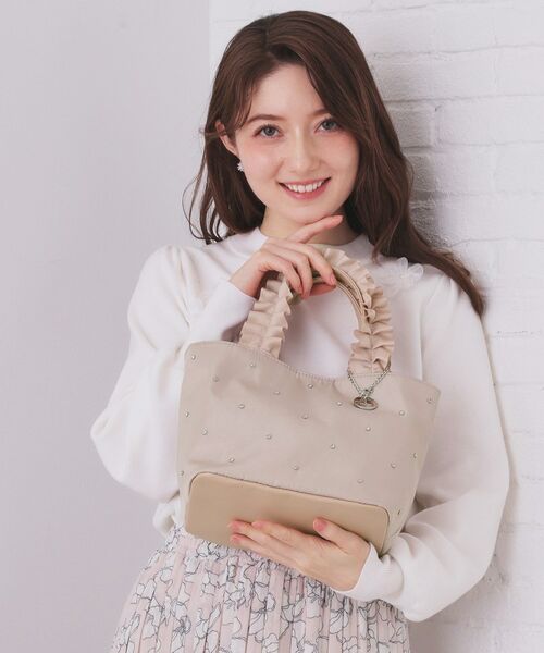 index / インデックス トートバッグ | 持ち手フリルビジューミドルトートバッグ【2WAY】(ベージュ(052))