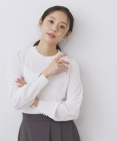 index / インデックス ニット・セーター | 柄編みスリーブハイネックニット【洗濯機OK】（オフホワイト(003)）