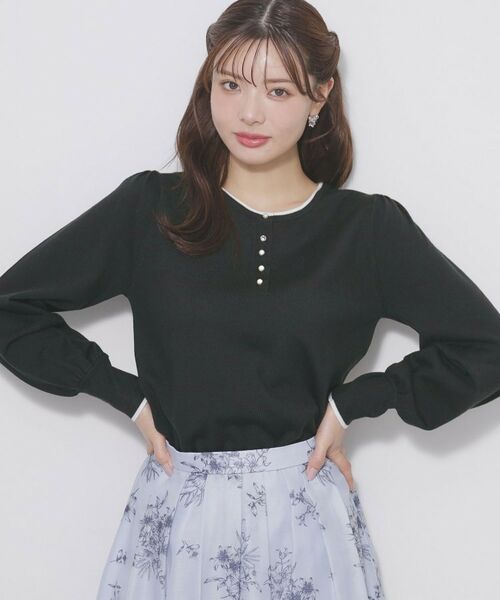 index / インデックス ニット・セーター | ビジューボタンヘンリーネックニット【洗濯機OK】（ブラック(519)）