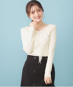 レースフリルVネックリブニット【洗濯機OK/坑ピル】