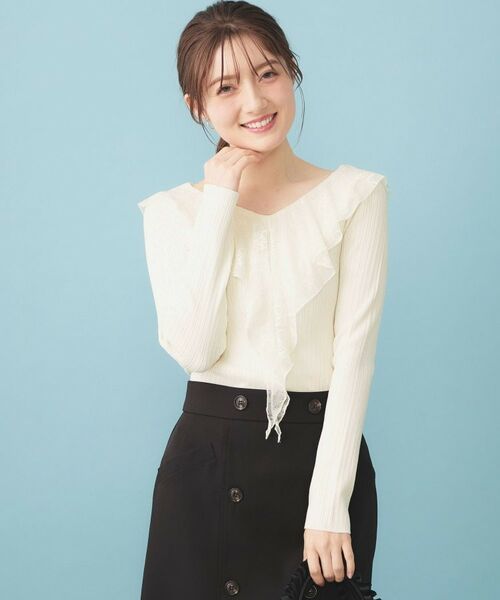 index / インデックス ニット・セーター | レースフリルVネックリブニット【洗濯機OK/坑ピル】（オフホワイト(003)）