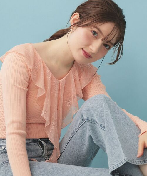 index / インデックス ニット・セーター | レースフリルVネックリブニット【洗濯機OK/坑ピル】（オレンジ(065)）