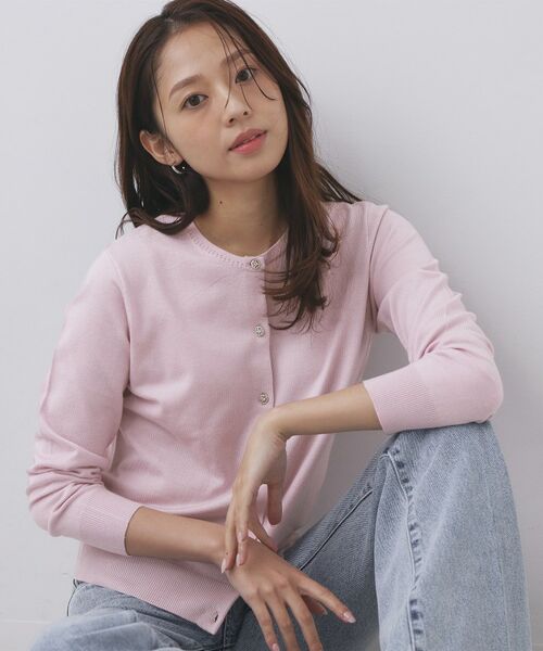 index / インデックス カーディガン・ボレロ | 柄編みクルーネックカーディガン【洗濯機OK】（ライトピンク(070)）
