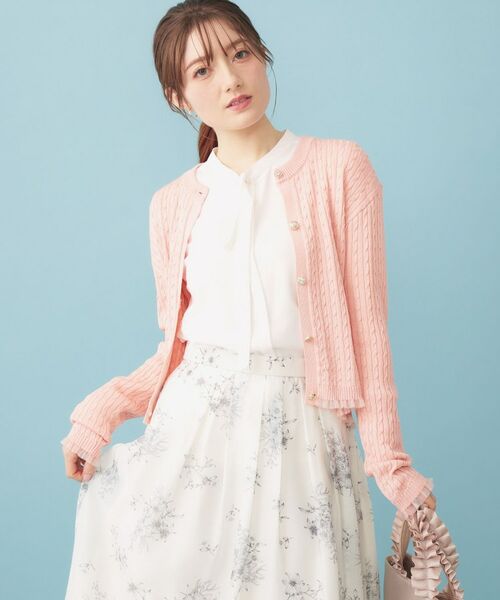 index / インデックス カーディガン・ボレロ | 袖シアーフリルケーブルラメカーディガン【洗濯機OK/坑ピル】（オレンジ(665)）