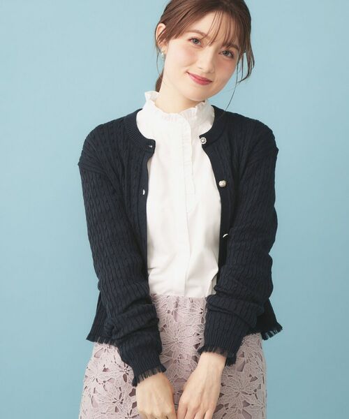 index / インデックス カーディガン・ボレロ | 袖シアーフリルケーブルラメカーディガン【洗濯機OK/坑ピル】（ネイビー(694)）