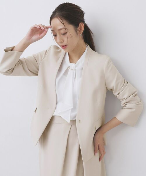 index / インデックス ノーカラージャケット | セットアップ対応 ストレッチノーカラージャケット【洗濯機OK・防シワ・イージーアイロン】(グレージュ(050))