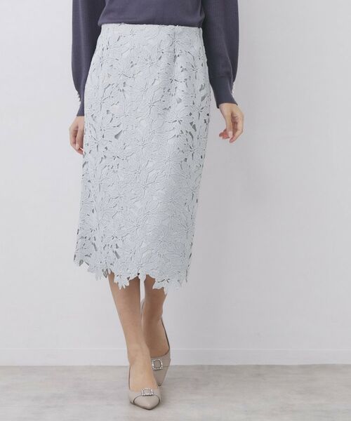 index / インデックス スカート | フラワーレースタイトスカート【洗濯機OK】（サックスブルー(090)）