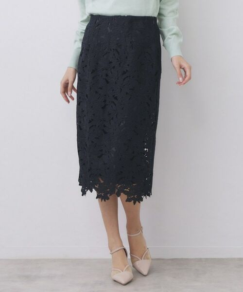 index / インデックス スカート | フラワーレースタイトスカート【洗濯機OK】（ネイビー(094)）