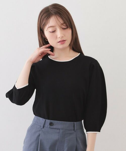 index / インデックス ニット・セーター | クルーネック6分袖タックスリーブニット【洗濯機OK・UVケア】(ブラック(519))