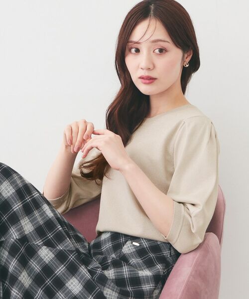 index / インデックス ニット・セーター | クルーネック6分袖タックスリーブニット【洗濯機OK・UVケア】(グレージュ(650))