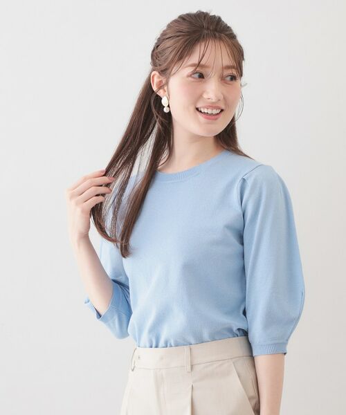 index / インデックス ニット・セーター | クルーネック6分袖タックスリーブニット【洗濯機OK・UVケア】(サックスブルー(690))