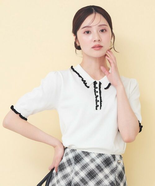 index / インデックス ニット・セーター | ミニフリル衿付きポロニット【洗濯機OK/坑ピル】（オフホワイト(003)）