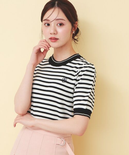 index / インデックス ニット・セーター | 変わり編みボーダー半袖ニット【洗濯機OK/坑ピル】(ブラック(319))