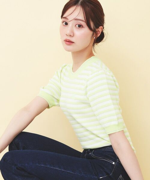 index / インデックス ニット・セーター | 変わり編みボーダー半袖ニット【洗濯機OK/坑ピル】(ミントグリーン(321))