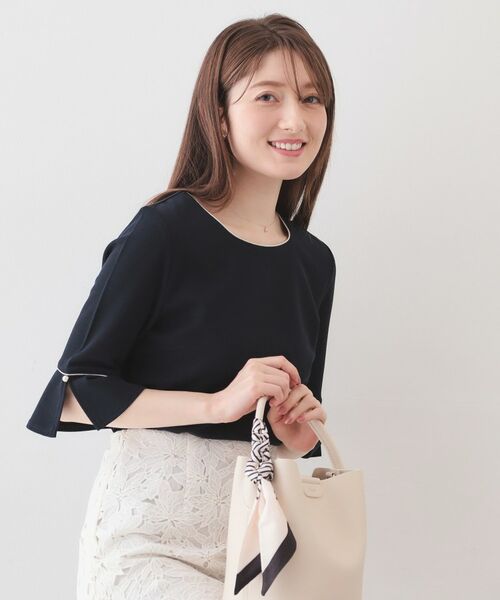 index / インデックス カットソー | フレアスリーブバイカラートップス【洗濯機OK・接触冷感・UVケア】（ネイビー(094)）