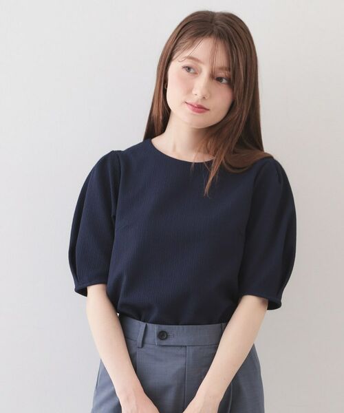 index / インデックス カットソー | サッカージャカードタックパフトップス【洗濯機OK／UVケア／接触冷感】（ネイビー(094)）