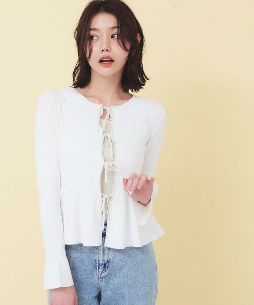 index / インデックス カーディガン・ボレロ | 前後2wayラメトリムリボンカーディガン【洗濯機OK】（オフホワイト(003)）