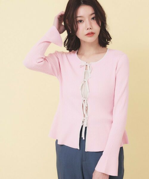 index / インデックス カーディガン・ボレロ | 前後2wayラメトリムリボンカーディガン【洗濯機OK】（ライトピンク(070)）
