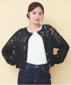index / インデックス カーディガン・ボレロ | シアー幾何刺繍ブルゾンカーデ【洗濯機OK】