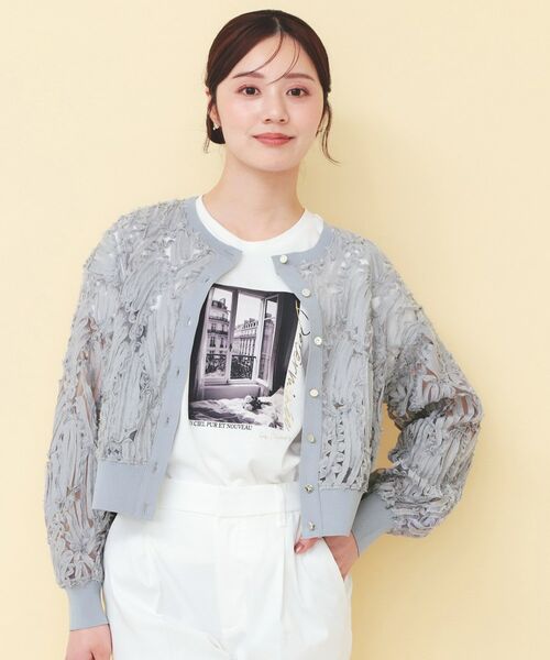 index / インデックス カーディガン・ボレロ | シアー幾何刺繍ブルゾンカーデ【洗濯機OK】（チャコールグレー(013)）