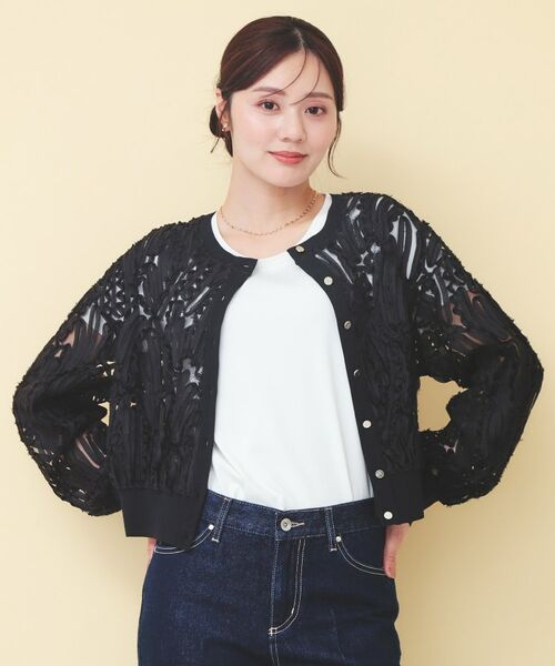 index / インデックス カーディガン・ボレロ | シアー幾何刺繍ブルゾンカーデ【洗濯機OK】（ブラック(019)）