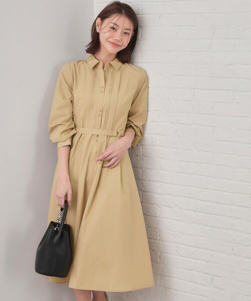 index / インデックス ロング・マキシ丈ワンピース | ベルト付きタックシャツワンピース【洗濯機OK・イージーアイロン】（ベージュ(052)）