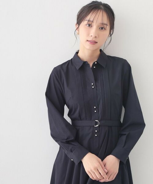 index / インデックス ロング・マキシ丈ワンピース | ベルト付きタックシャツワンピース【洗濯機OK・イージーアイロン】（ネイビー(094)）