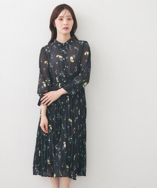 index / インデックス ミニ丈・ひざ丈ワンピース | 花柄衿付きプリーツフレアワンピース【洗濯機OK/イージーアイロン】(ネイビー(194))