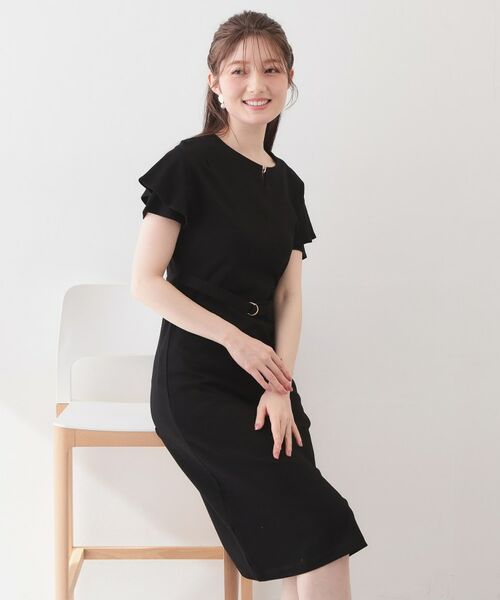 index / インデックス ミニ丈・ひざ丈ワンピース | Iラインフレアスリーブワンピース【洗濯機OK/接触冷感/UVケア】《XS～3L/6col》（ブラック(019)）