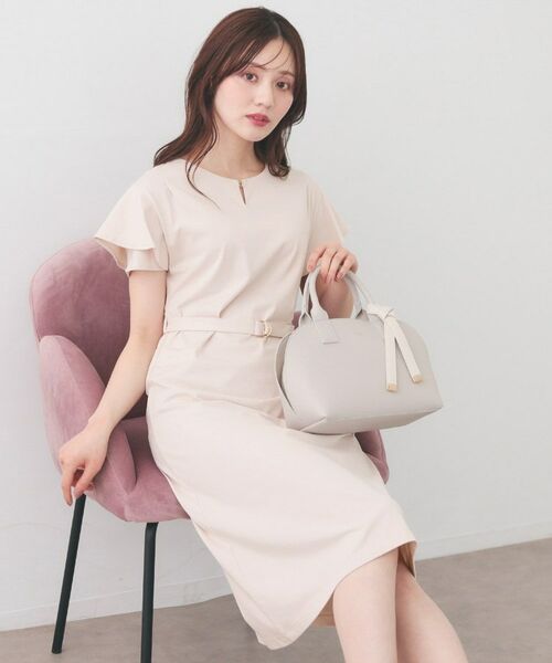 index / インデックス ミニ丈・ひざ丈ワンピース | Iラインフレアスリーブワンピース【洗濯機OK/接触冷感/UVケア】《XS～3L/6col》（グレージュ(050)）