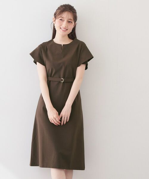 index / インデックス ミニ丈・ひざ丈ワンピース | Iラインフレアスリーブワンピース【洗濯機OK/接触冷感/UVケア】《XS～3L/6col》（ブラウン(844)）