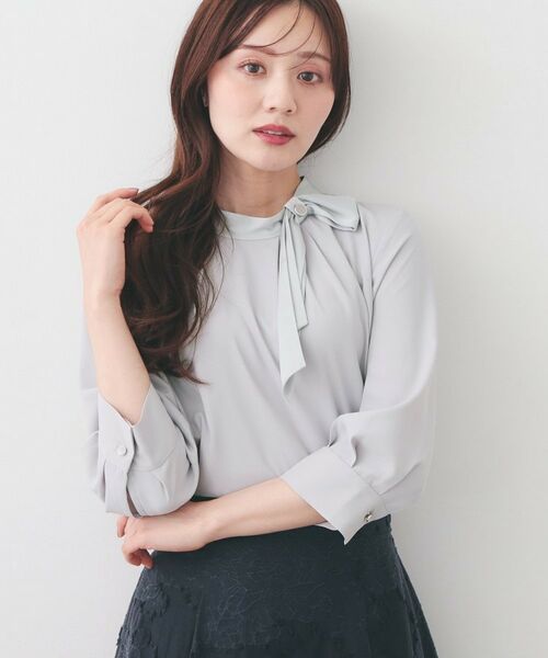 index / インデックス シャツ・ブラウス | サテンアシメボウブラウス【洗濯機OK／イージーアイロン】（サックスブルー(090)）