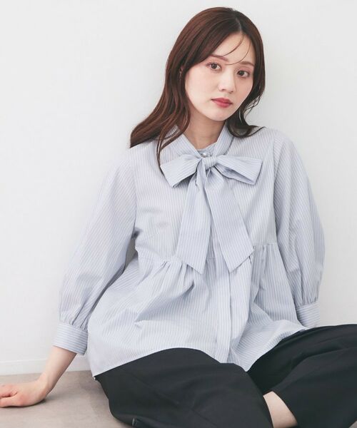 index / インデックス シャツ・ブラウス | ボウタイ取り外し2way ペプラムブラウス【洗濯機OK・イージーアイロン・防シワ】(サックスブルー(390))