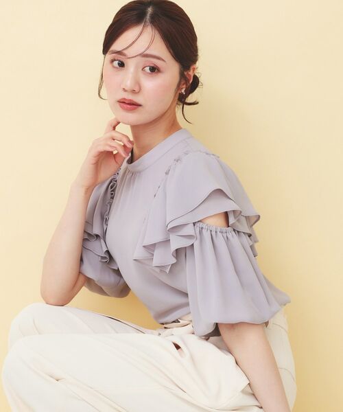 index / インデックス シャツ・ブラウス | スリットフリルバルーンスリーブブラウス【洗濯機OK／イージーアイロン／防シワ】（ラベンダー(080)）