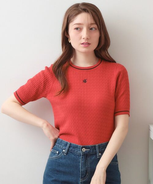 index / インデックス ニット・セーター | オーガニックコットン バイカラーケーブルニット【洗濯機OK・UVケア】（レッド(062)）