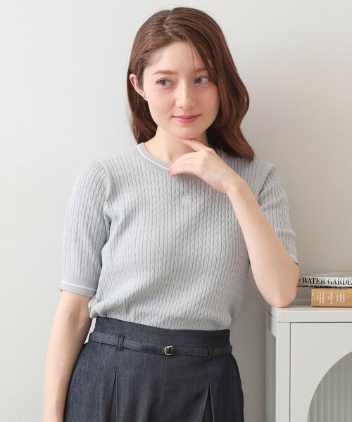 index / インデックス ニット・セーター | オーガニックコットン バイカラーケーブルニット【洗濯機OK・UVケア】（サックスブルー(090)）