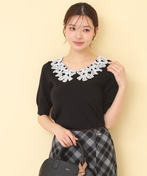 index / インデックス ニット・セーター | リボンレース衿リブニット【洗濯機OK／接触冷感】（ブラック(019)）