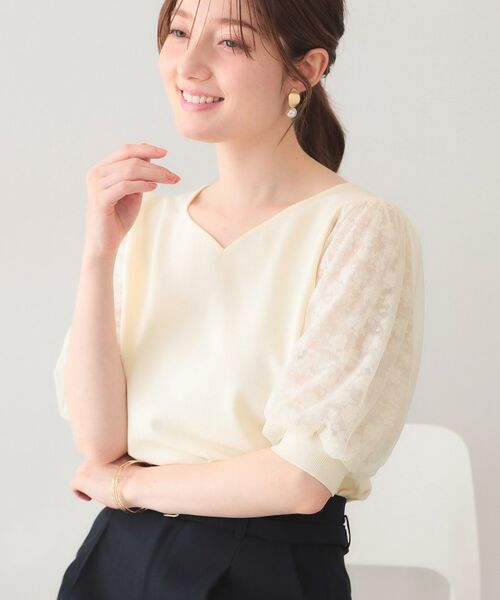 index / インデックス ニット・セーター | レーススリーブハートネックニット【洗濯機OK・UVケア・抗ピリング】（アイボリー(004)）