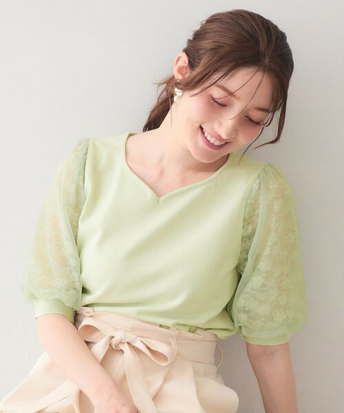 index / インデックス ニット・セーター | レーススリーブハートネックニット【洗濯機OK・UVケア・抗ピリング】（ミントグリーン(021)）