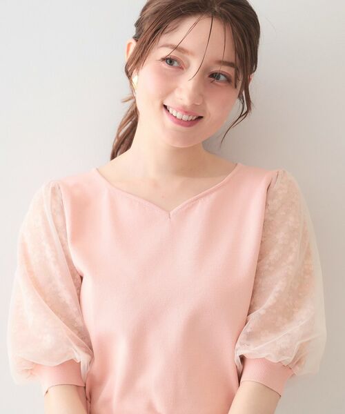 index / インデックス ニット・セーター | レーススリーブハートネックニット【洗濯機OK・UVケア・抗ピリング】（ピンク(071)）