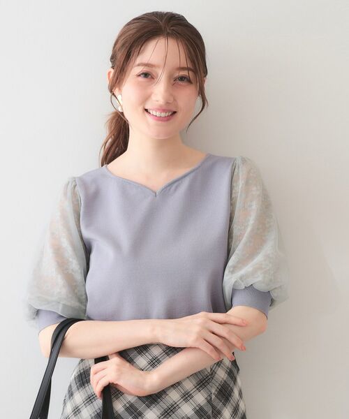 index / インデックス ニット・セーター | レーススリーブハートネックニット【洗濯機OK・UVケア・抗ピリング】（ブルー(091)）